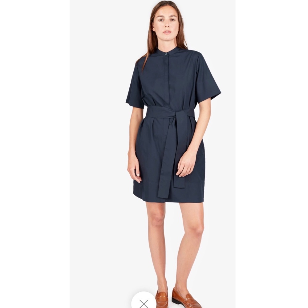 Everlane -Navy Cotton Collarless Belted Shirtdress